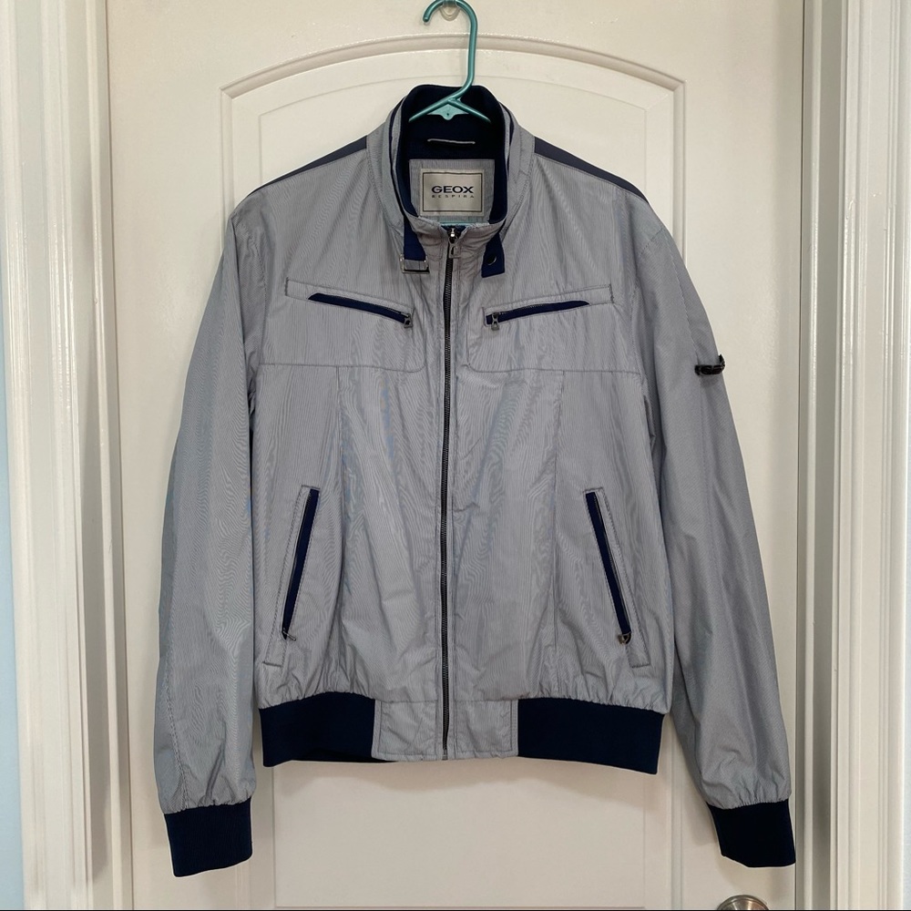 Geox Respira Blue & White Pinstripe Bomber Jacket Men's Size XL 52(42)
